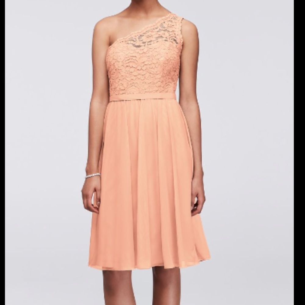 David's Bridal One-Shoulder Lace Bodice Chiffon Dress in Peach